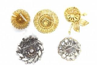 Five (5) Vintage Rhinestone Brooches, Two with Maker Marks Including Karu Arke and Made in Austria. 