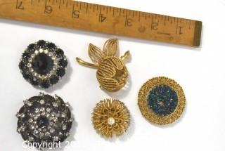 Five (5) Vintage Rhinestone Brooches, Two with Maker Marks Including Karu Arke and Made in Austria. 