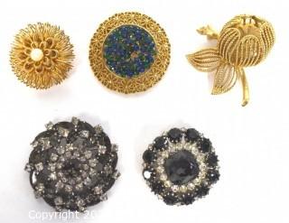 Five (5) Vintage Rhinestone Brooches, Two with Maker Marks Including Karu Arke and Made in Austria. 