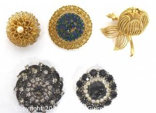 Five (5) Vintage Rhinestone Brooches, Two with Maker Marks Including Karu Arke and Made in Austria. 