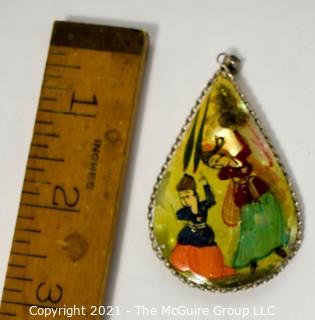 Vintage Asian Mother of Pearl Hand Painted Double Sided Pendant with Silver Mounting. Measures approximately 3" long.