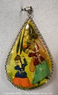 Vintage Asian Mother of Pearl Hand Painted Double Sided Pendant with Silver Mounting. Measures approximately 3" long.