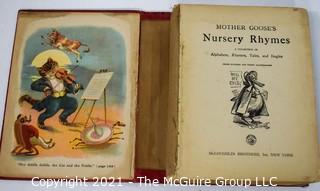 Five Antique Children's Books Including Mother Goose, Old Mother Hubbard, Plays and Games for Little Folks, French Fairy Tales by Gustave Dore and Charles Perrault.