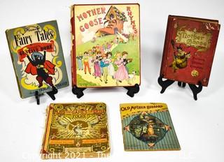 Five Antique Children's Books Including Mother Goose, Old Mother Hubbard, Plays and Games for Little Folks, French Fairy Tales by Gustave Dore and Charles Perrault.