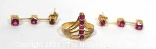 Set of 14kt Yellow Gold Ring and Dangle Earrings with Rubies.   Weighs 3.5 g