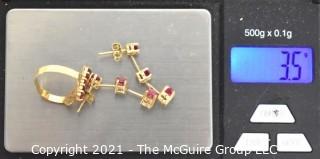 Set of 14kt Yellow Gold Ring and Dangle Earrings with Rubies.   Weighs 3.5 g