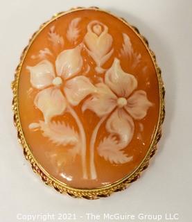 Vintage Carved Flower Cameo Brooch and Pendant in 14 kt Gold Surround 