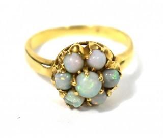 Vintage Gold Baden & Foss (B&F) Ring with Cluster of Round Opals. 