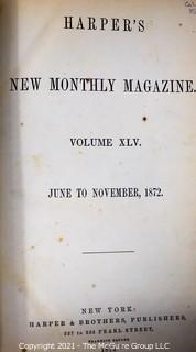 Two (2) Bound Volumes of Harper's New Monthly Magazine, Volumes 1871-1872, with Leather Spines and Marbled Covers.