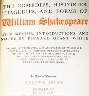 Twelve (12) Leather Bound Volumes of The Comedies, Histories, Tragedies, and Poems of William Shakespeare by Richard Grant White, 1911.  Leather Bound, Spines in Poor Condition