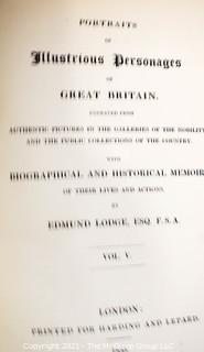 Nine (9) Leather with Gilt Decoration and Marbled Covered Volumes of Portraits Of Illustrious Personages Of Great Britain: Engraved From Authentic Pictures, With Biographical & Historical Memoirs Of Their Lives by Edmund Lodge. 