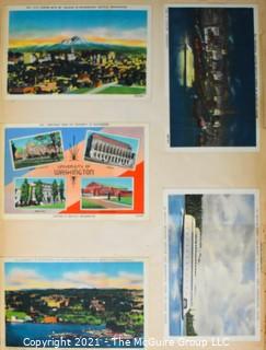 (19) Photo Postcards and (83) Vintage Commercial Postcards; mounted on scrapbook pages