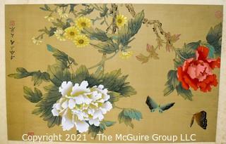 Asian Colored Floral Print on Linen Scroll 