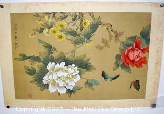 Asian Colored Floral Print on Linen Scroll 