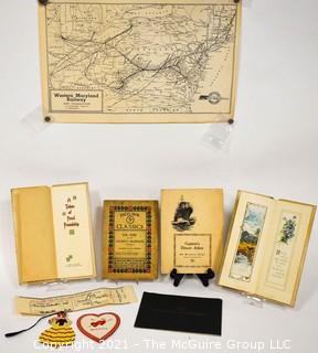 Ephemera including Victorian Cards, The Cyclorama of Jerusalem, 1923 Passenger Boarding Ticket from Bombay to Port Scud on the City and Hull Line, and a map of the Western Maryland Railroad