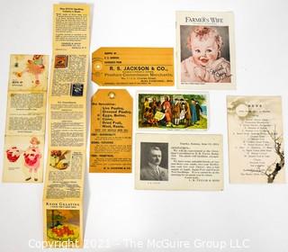 Assortment of ephemera including food recipe pamphlets and mercantile cards