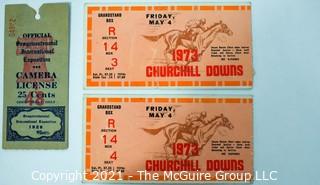 Assorted ephemera including (2) 1973 Churchill Downs unused tickets, political campaign cards, 1932 Paper Cut Silhouette of Woman and "The War Pledge" card.