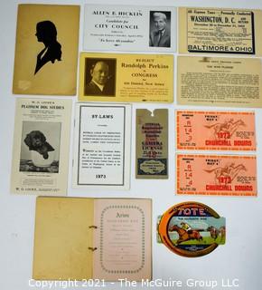 Assorted ephemera including (2) 1973 Churchill Downs unused tickets, political campaign cards, 1932 Paper Cut Silhouette of Woman and "The War Pledge" card.