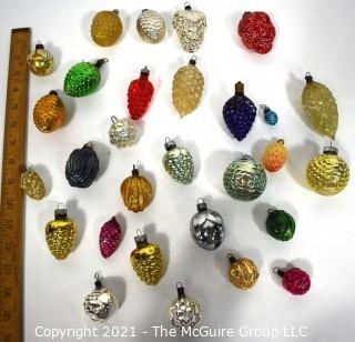 Group of Vintage Grape and Pinecone Figural Hand Painted Mercury Glass Christmas Ornaments.