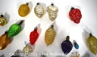 Group of Vintage Grape and Pinecone Figural Hand Painted Mercury Glass Christmas Ornaments.