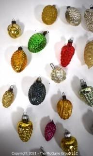 Group of Vintage Grape and Pinecone Figural Hand Painted Mercury Glass Christmas Ornaments.