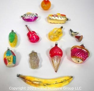 Group of Vintage Figural Hand Painted Mercury Glass Christmas Ornaments.