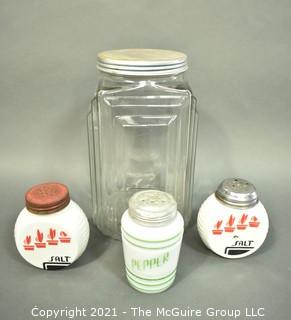 Three (3) Milk Glass Spice Jars and One (1) Clear Glass Canister.