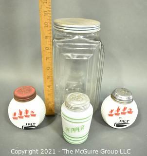 Three (3) Milk Glass Spice Jars and One (1) Clear Glass Canister.