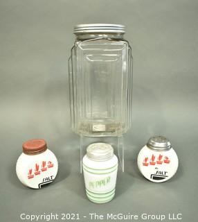 Three (3) Milk Glass Spice Jars and One (1) Clear Glass Canister.