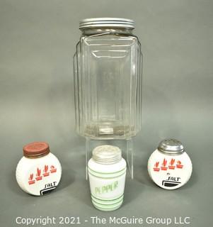 Three (3) Milk Glass Spice Jars and One (1) Clear Glass Canister.