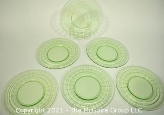 Set of Five (5) Green Uranium Vaseline Depression Glass Salad Plates.  Each measures 8" in diameter. 