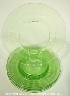 Set of Five (5) Green Uranium Vaseline Depression Glass Salad Plates.  Each measures 8" in diameter. 