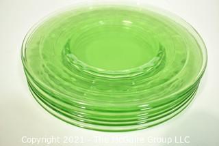 Set of Five (5) Green Uranium Vaseline Depression Glass Salad Plates.  Each measures 8" in diameter. 