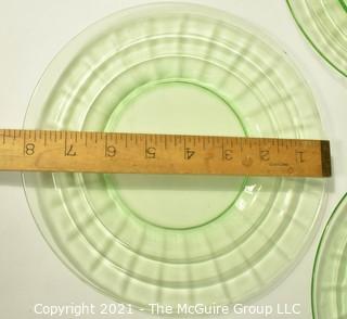 Set of Five (5) Green Uranium Vaseline Depression Glass Salad Plates.  Each measures 8" in diameter. 