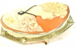 Vintage Pink Shell Cameo Brooch and Pendant with Diamond Accent in 14kt White Gold Surround; total weight 13g