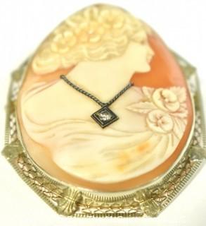 Vintage Pink Shell Cameo Brooch and Pendant with Diamond Accent in 14kt White Gold Surround; total weight 13g