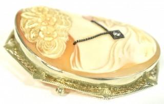 Vintage Pink Shell Cameo Brooch and Pendant with Diamond Accent in 14kt White Gold Surround; total weight 13g