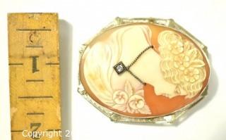 Vintage Pink Shell Cameo Brooch and Pendant with Diamond Accent in 14kt White Gold Surround; total weight 13g