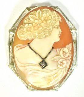 Vintage Pink Shell Cameo Brooch and Pendant with Diamond Accent in 14kt White Gold Surround; total weight 13g