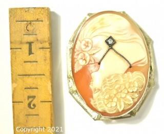 Vintage Pink Shell Cameo Brooch and Pendant with Diamond Accent in 14kt White Gold Surround; total weight 13g