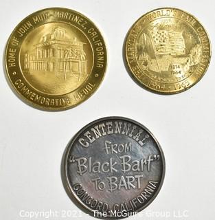 Three (3) Vintage Tokens Including John Muir, Naturalist, Founder of National Parks Medal, 1964-1965. The Maryland Worlds Fair Commission & Bart Bay Area Rapid Transit System Token.