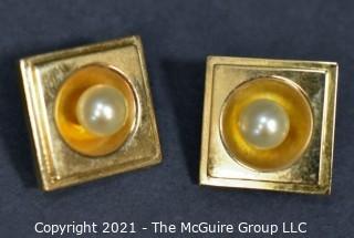 14kt Yellow Gold Square Earrings with Inset Raised Pearls and Omega Hinged Back. Weighs 8.9 g.