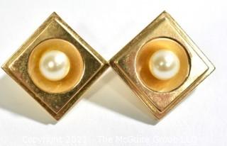 14kt Yellow Gold Square Earrings with Inset Raised Pearls and Omega Hinged Back. Weighs 8.9 g.