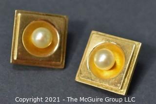 14kt Yellow Gold Square Earrings with Inset Raised Pearls and Omega Hinged Back. Weighs 8.9 g.