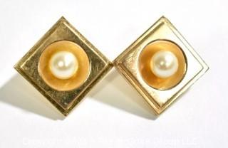 14kt Yellow Gold Square Earrings with Inset Raised Pearls and Omega Hinged Back. Weighs 8.9 g.