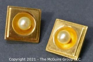 14kt Yellow Gold Square Earrings with Inset Raised Pearls and Omega Hinged Back. Weighs 8.9 g.