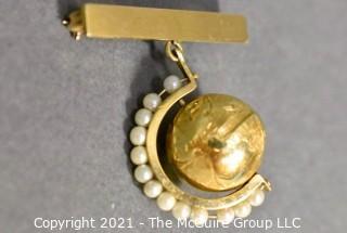 14kt Gold Articulated Globe with Pearl Stand on Gold Bar Brooch.  Weighs 12.3g