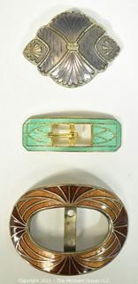 Three (3) Antique Art Deco Brass & Enamel Guilloche Buckles.