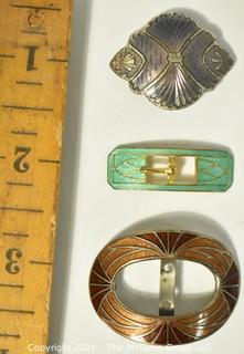 Three (3) Antique Art Deco Brass & Enamel Guilloche Buckles.