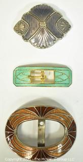 Three (3) Antique Art Deco Brass & Enamel Guilloche Buckles.